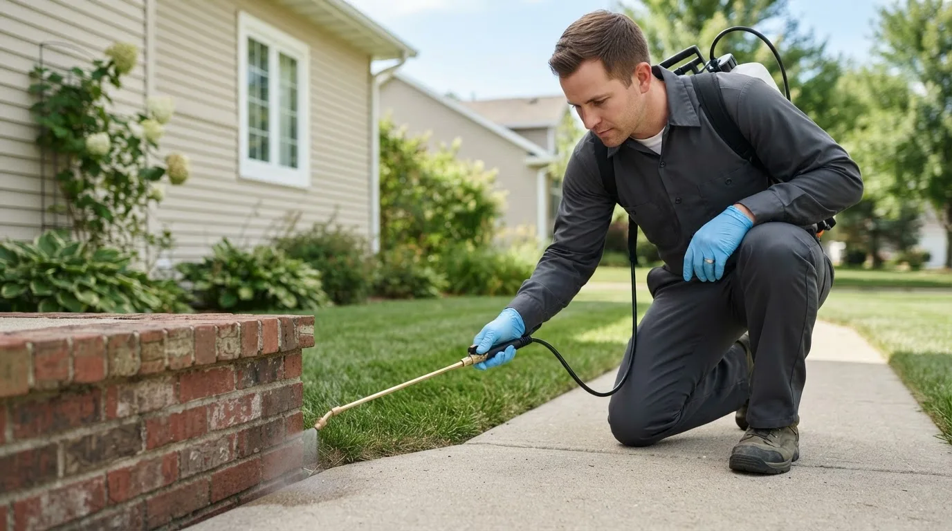 Pest control technician treating a home near Noble, OK