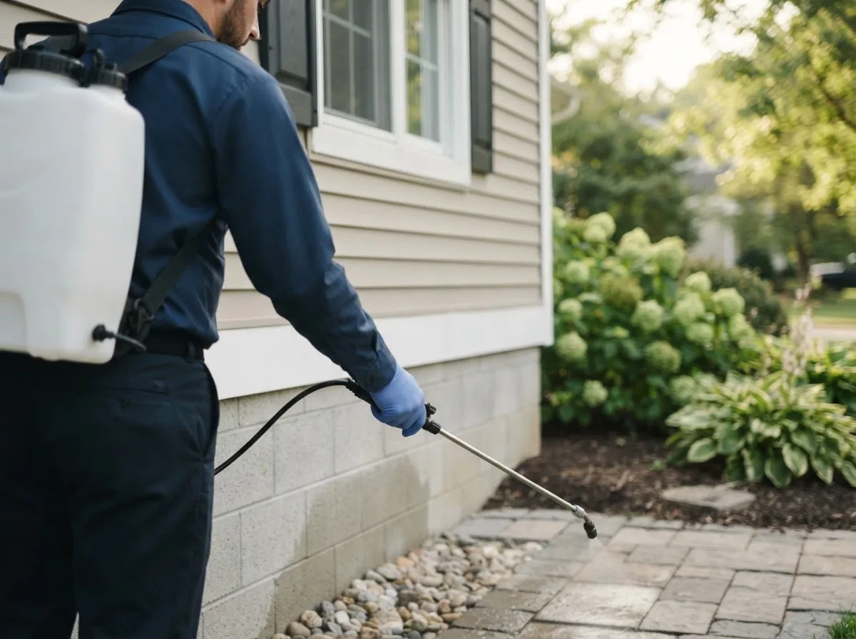 Pest control technician inspecting a home in Noble, OK